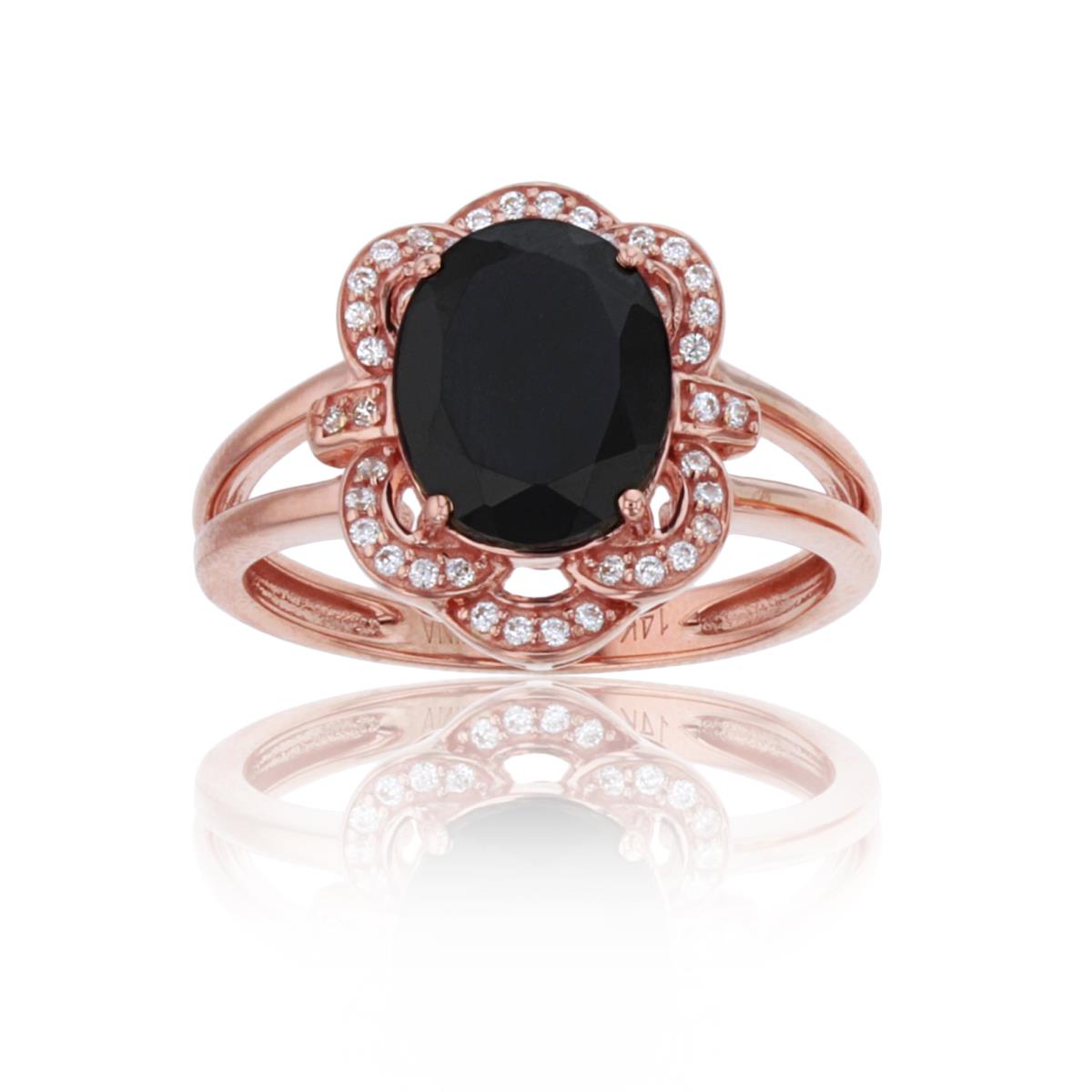 Sterling Silver Rose Gold Over 10x8mm(2 1/2 ctw) Ov Onyx & Created White Sapphire Vintage Framed Halo Ring