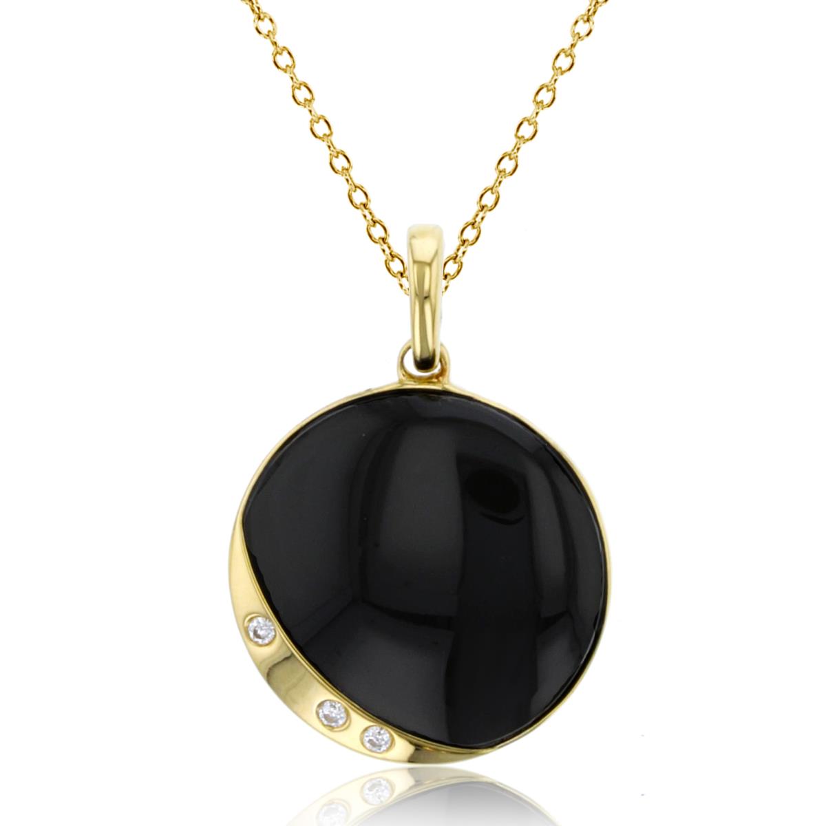 Sterling Silver Yellow 16mm Rnd Inlay Onyx & Cr.White Sapphire Bezel Circle 18"Necklace