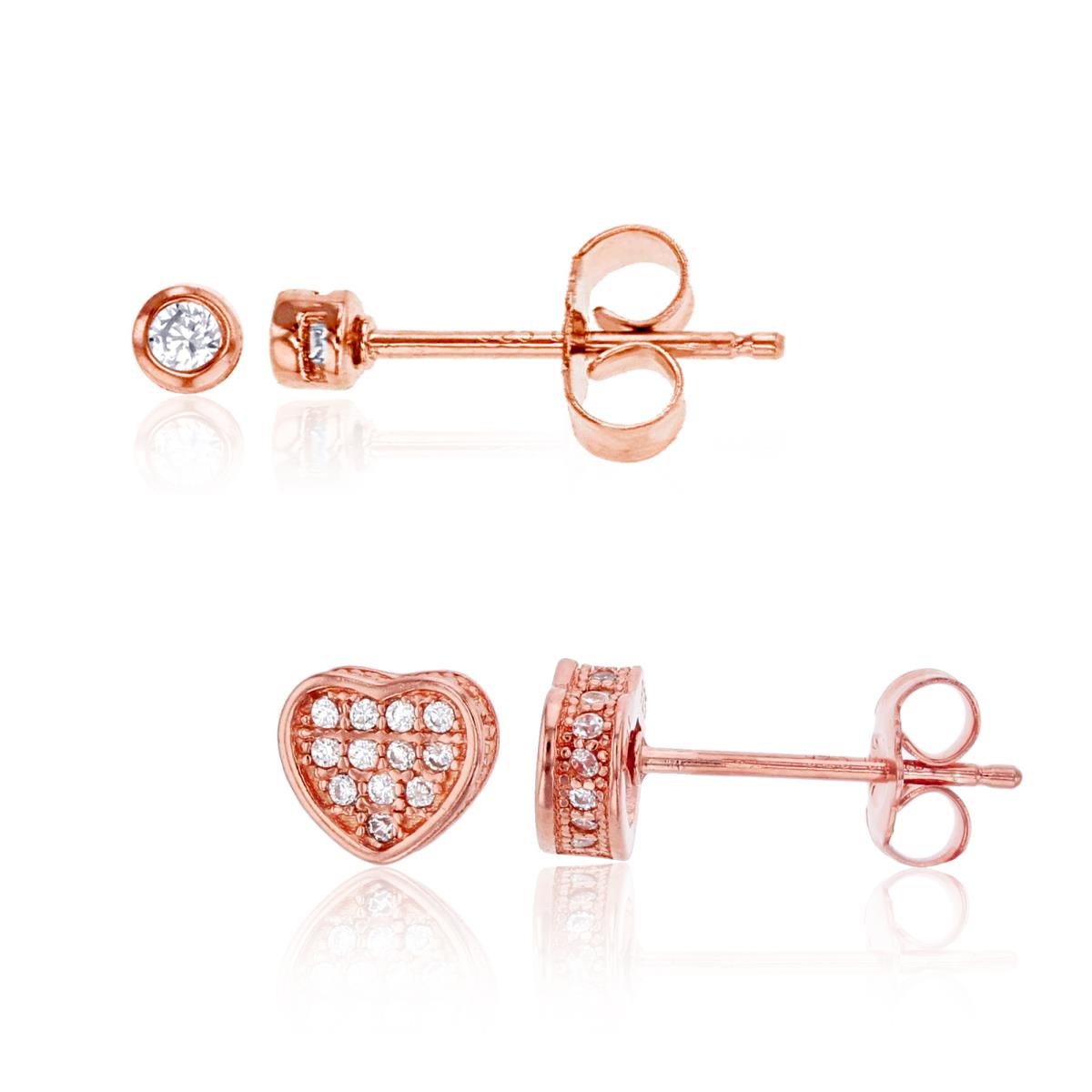 Sterling Silver Rose Micropave 3D Heart & 4mm Round CZ Bezel Stud Earring Set