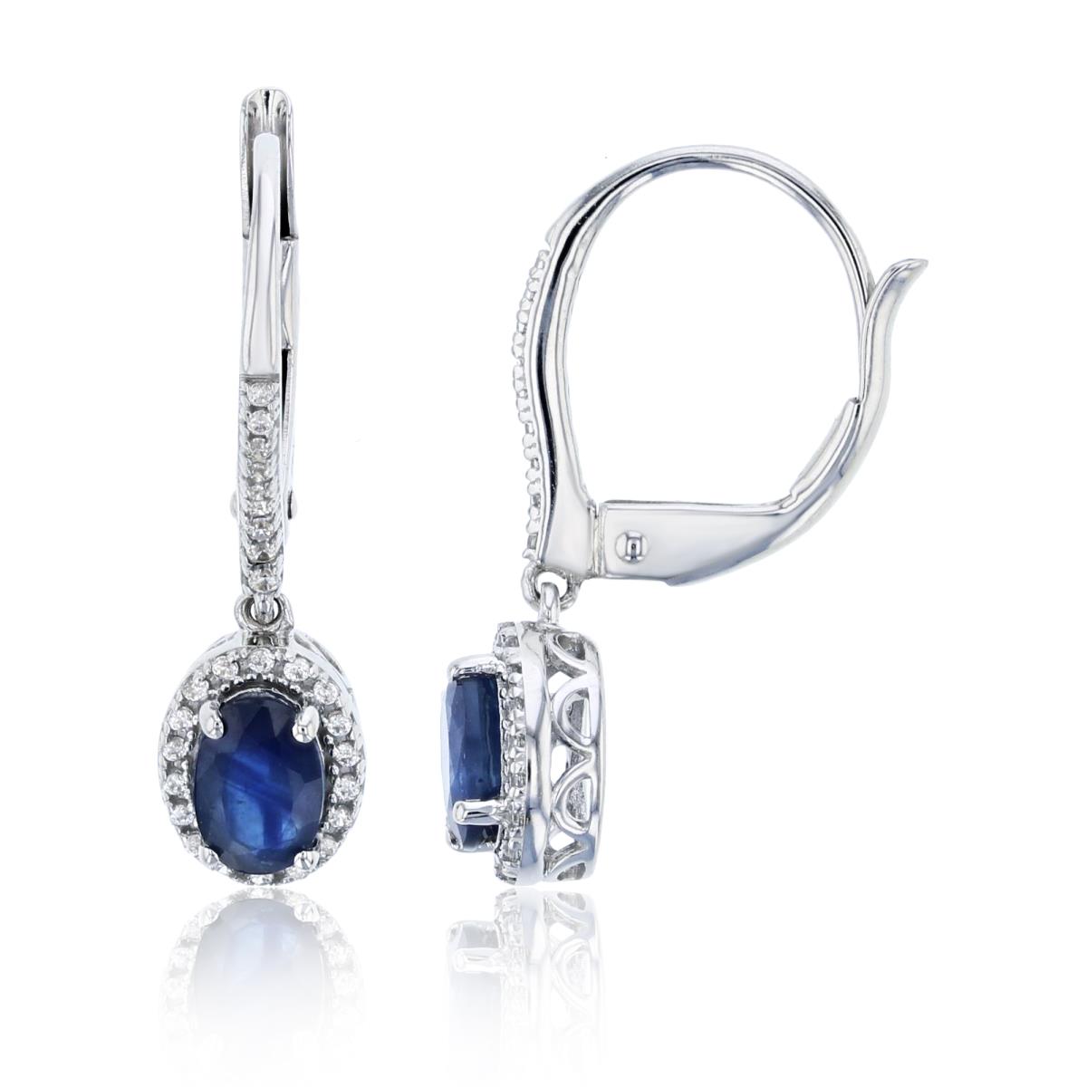 10K White Gold 0.165cttw Rnd Diamonds & 6x4mm Oval Halo Sapphire Dangling Lever Back Earrings
