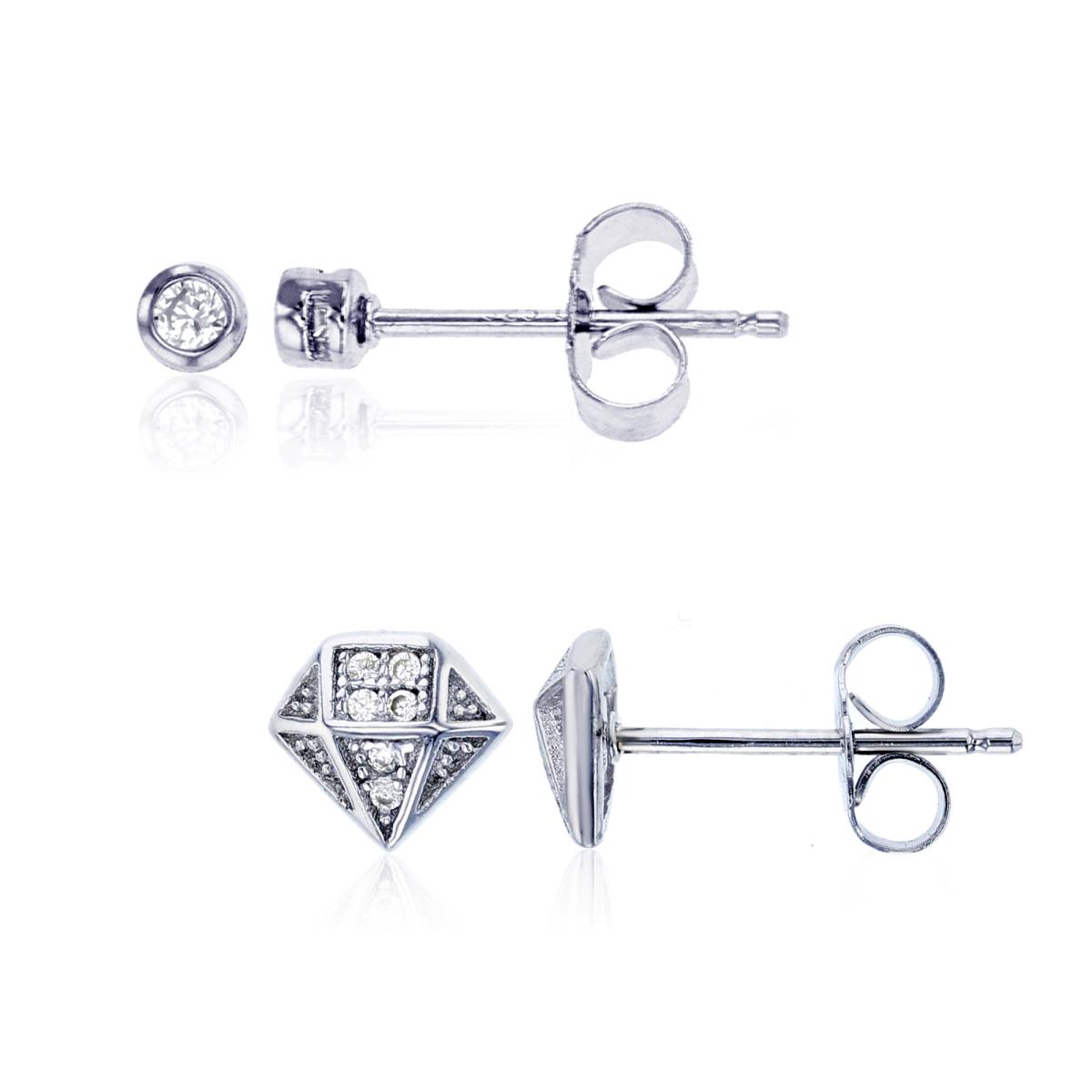 Sterling Silver Rhodium 4mm Round CZ Bezel & Pave Diamond-Shape Stud Earring Set