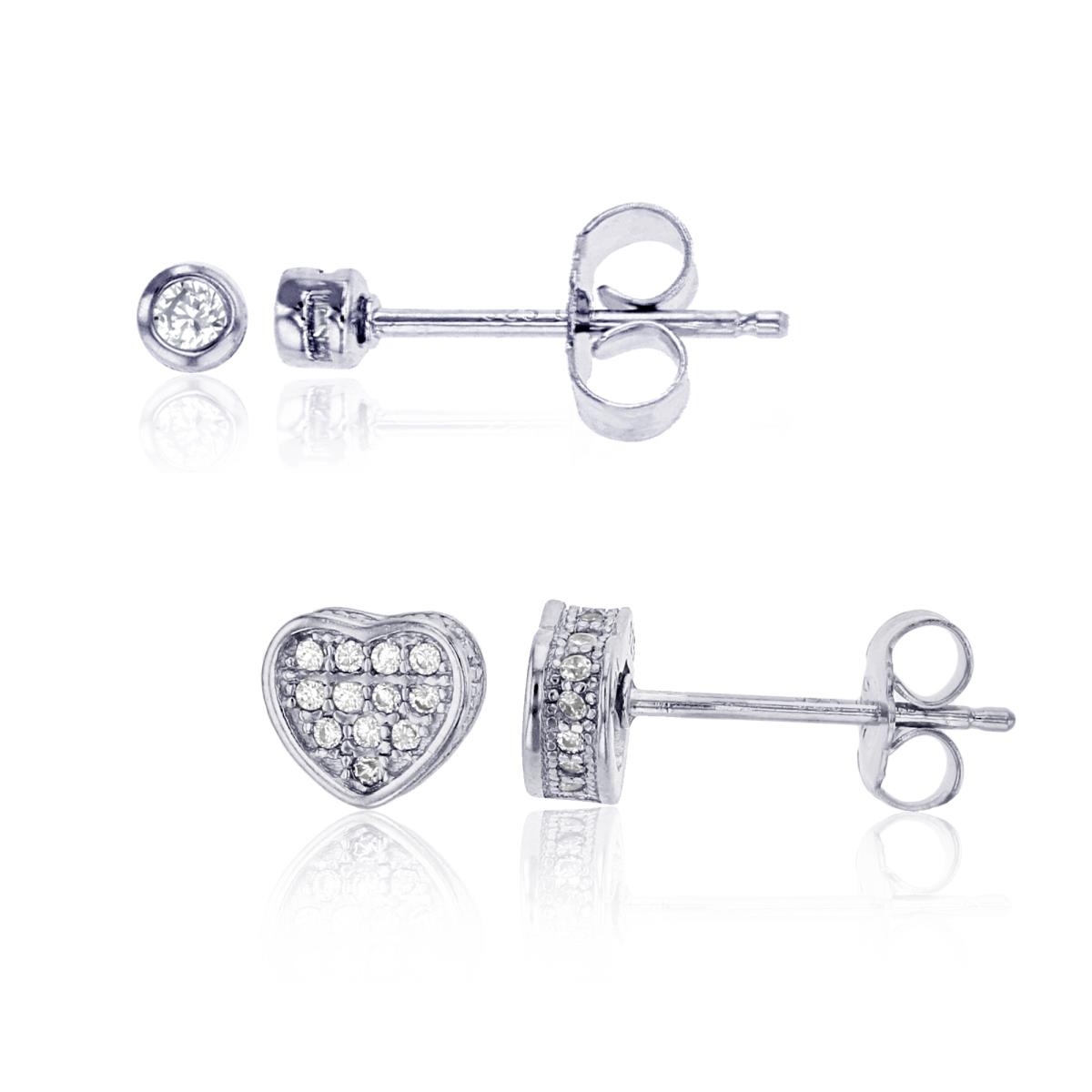 Sterling Silver Rhodium 4mm Round CZ Bezel & Micropave 3D Heart Stud Earring Set