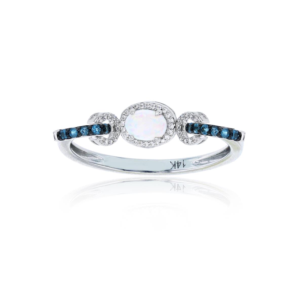 Sterling Silver Rhodium 0.012cttw Rnd Diam & Ov Created Opal/ Rnd London Blue Topaz Dangling Earring
