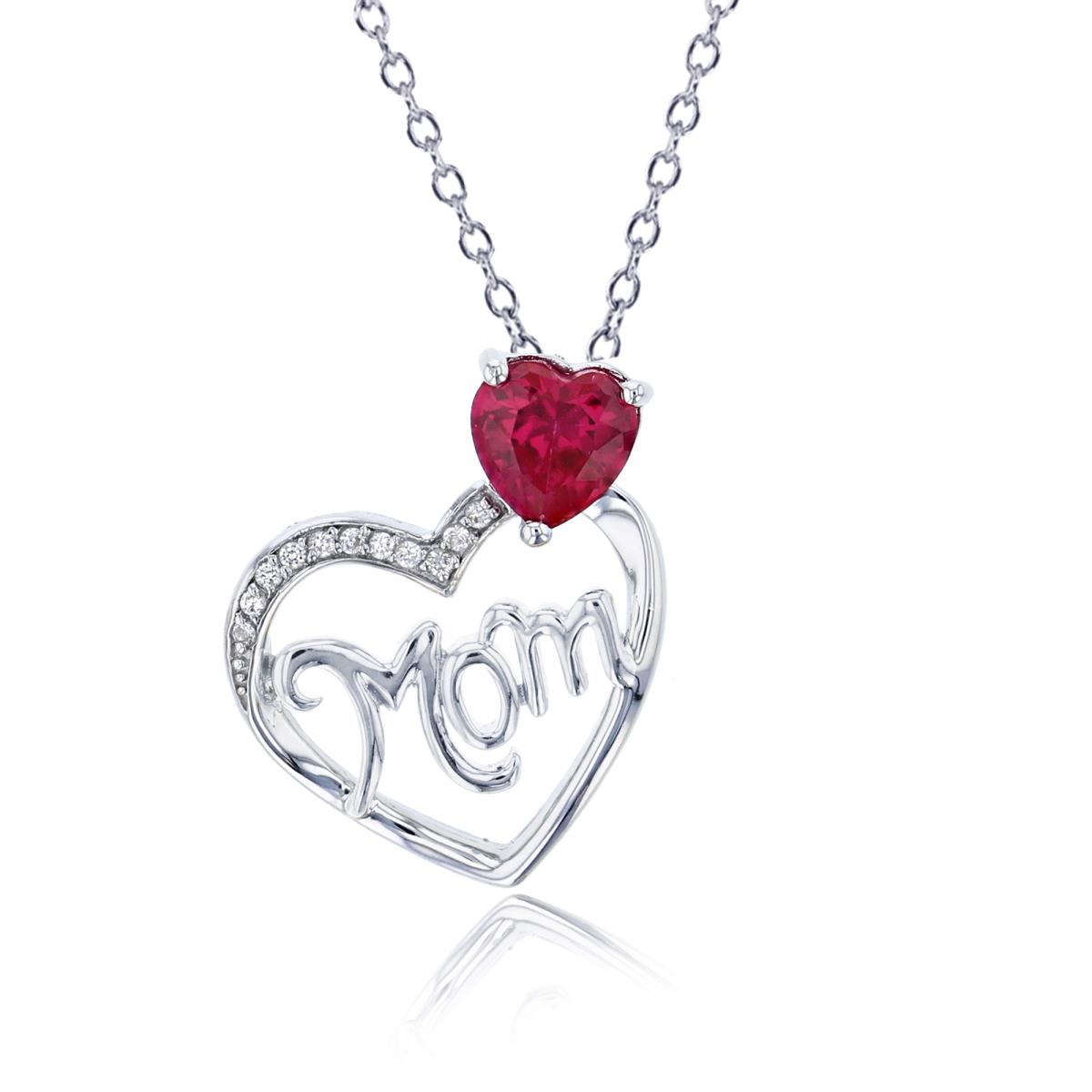 Sterling Silver Two-Tone 6mm Heart Cr Ruby & Cr White Sapphire "Mom"Heart 18" Necklace