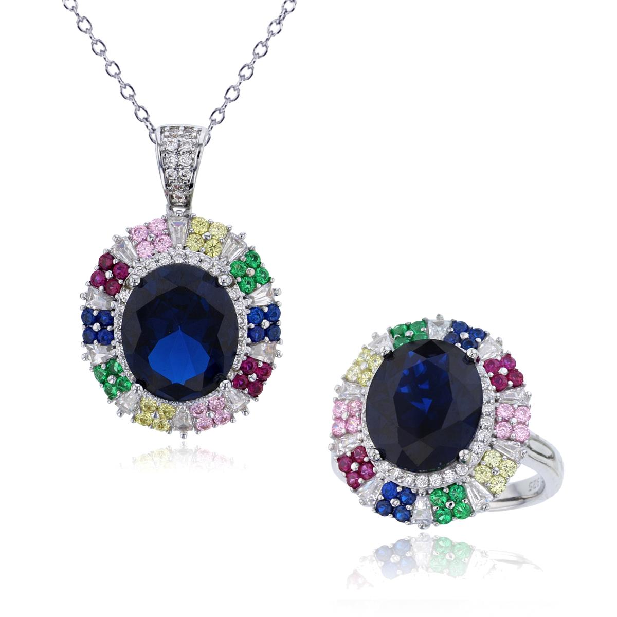 Sterling Silver Rhodium 12x10mm Sapphire Ov & Multi Color CZ Puffy 18" Necklace & Ring Set