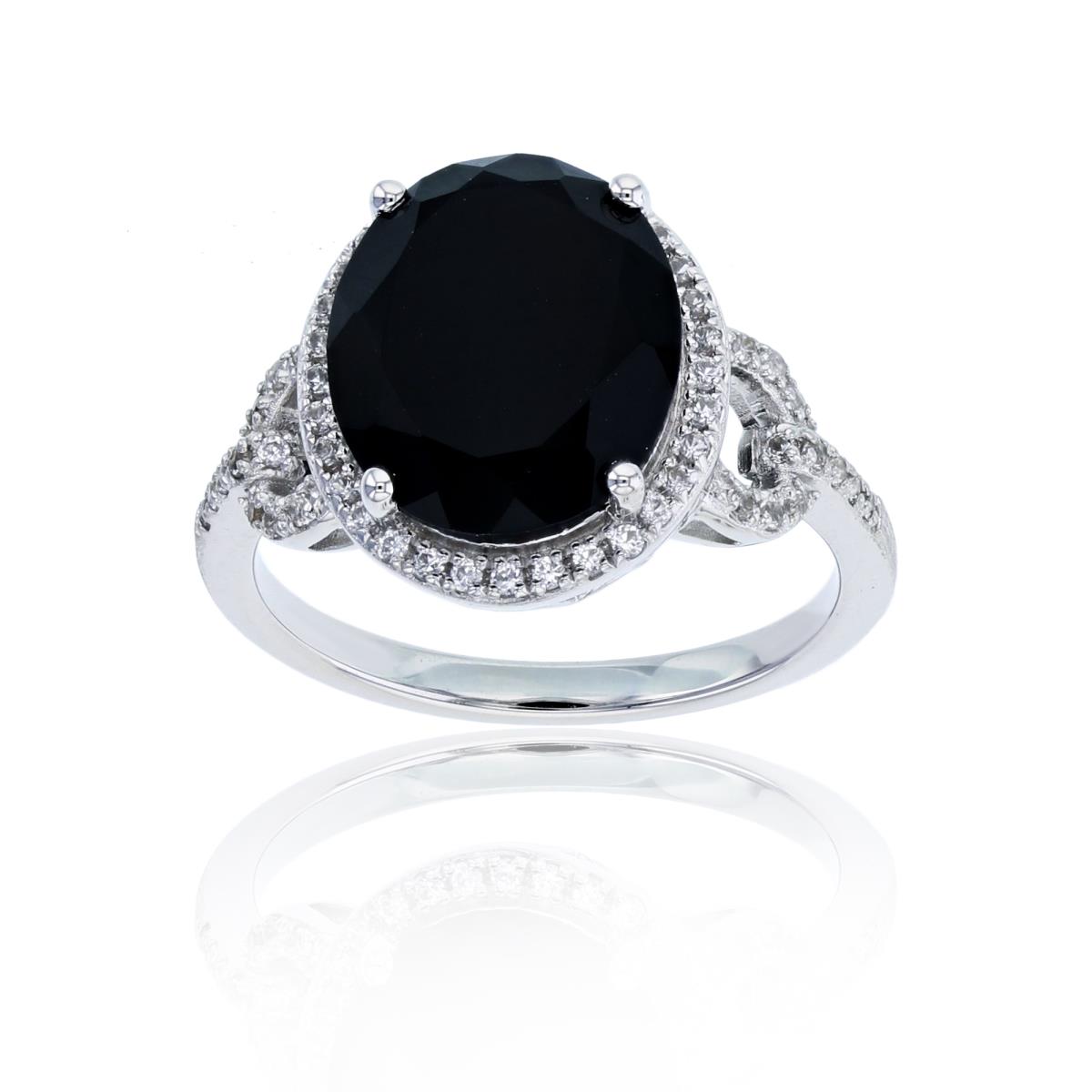 Sterling Silver Rhodium 12x10mm Oval Onyx & 1mm Rd Cr. White Sapphire Ring