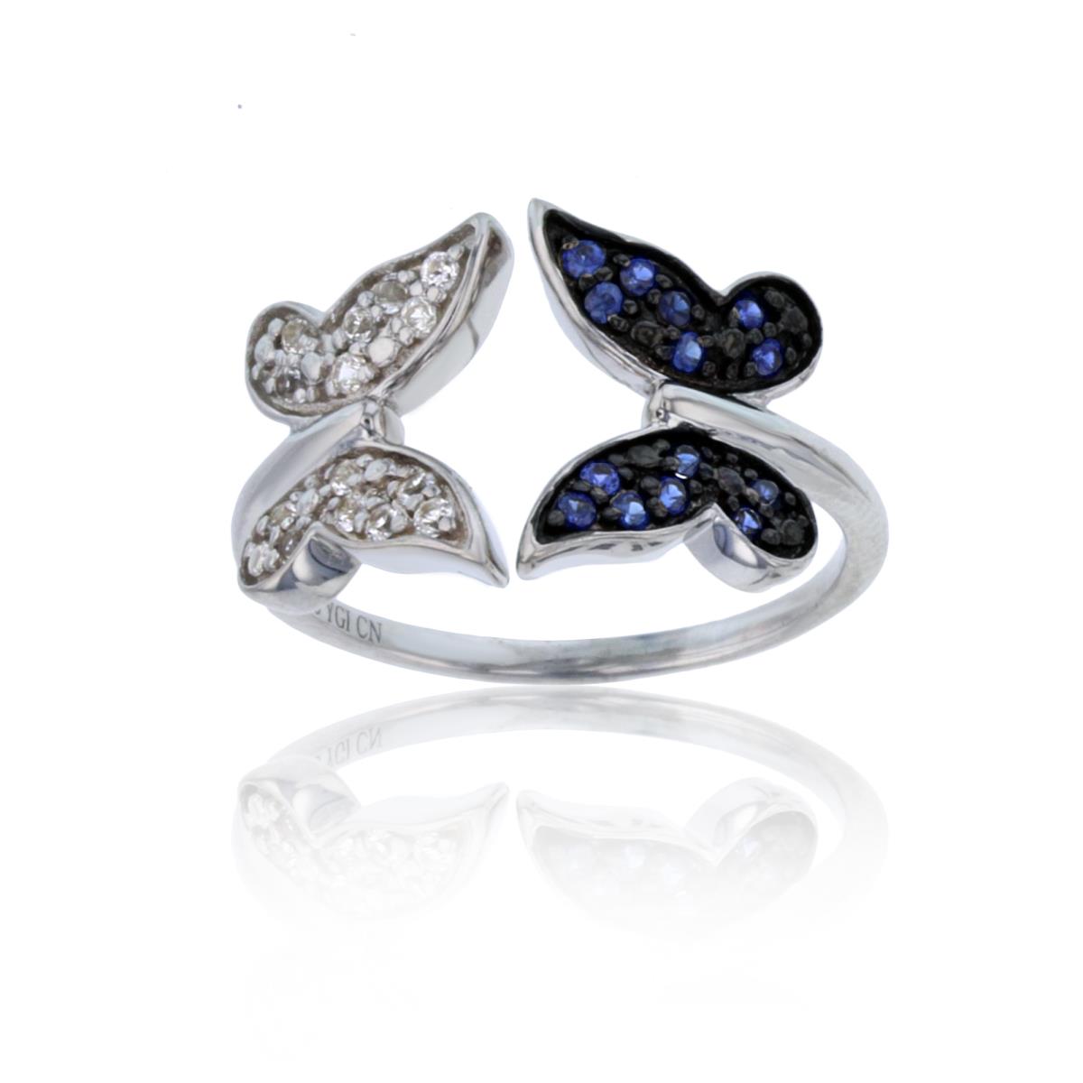 Sterling Silver Two-Tone Rnd Cr Blue & White Sapphite Butterflies Open Ring