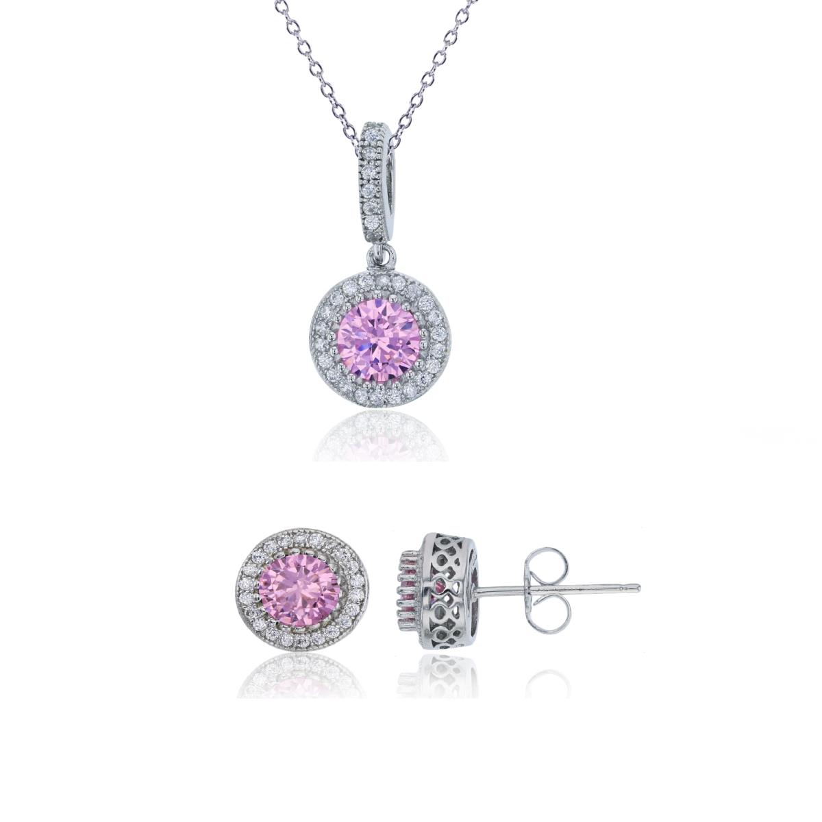 Sterling Silver Rhodium 5.50mm Round Pink Bezel Halo Necklace & Earring Set