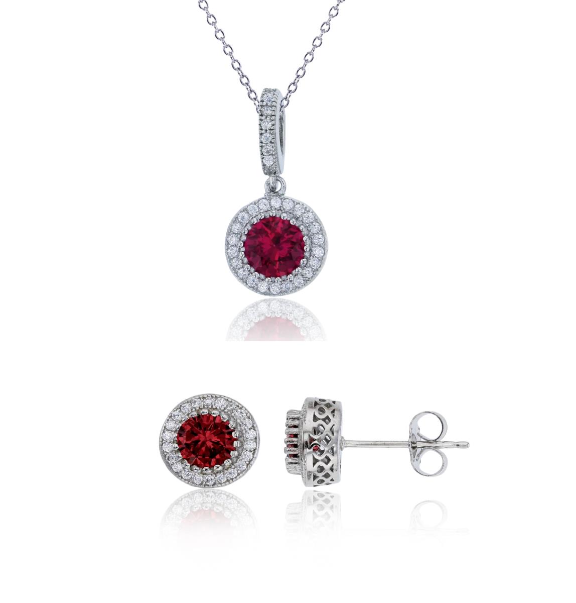 Sterling Silver Rhodium 5.50mm Round Ruby Bezel Halo Necklace & Earring Set