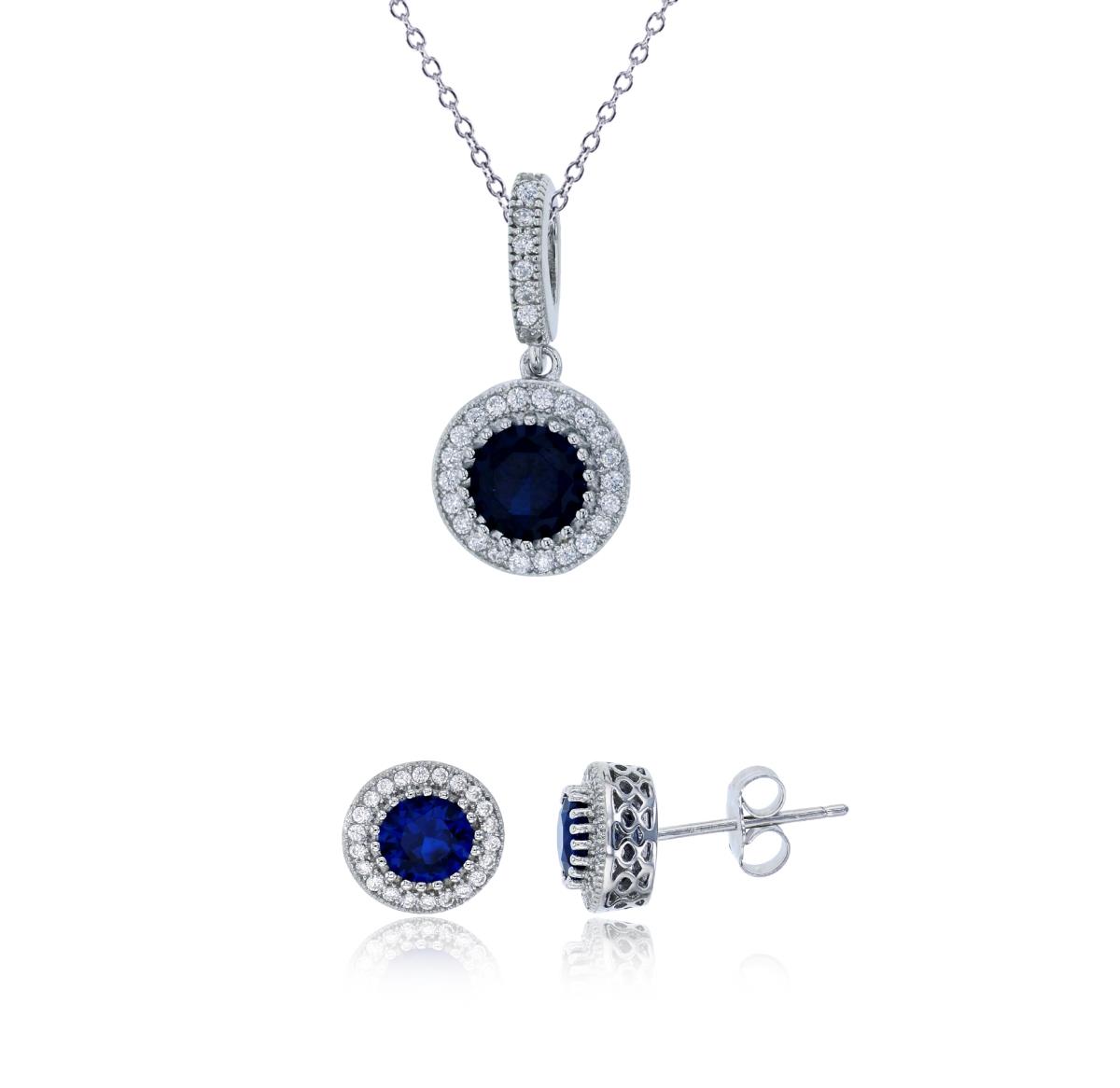 Sterling Silver Rhodium 5.50mm Round Sapphire Bezel Halo Necklace & Earring Set