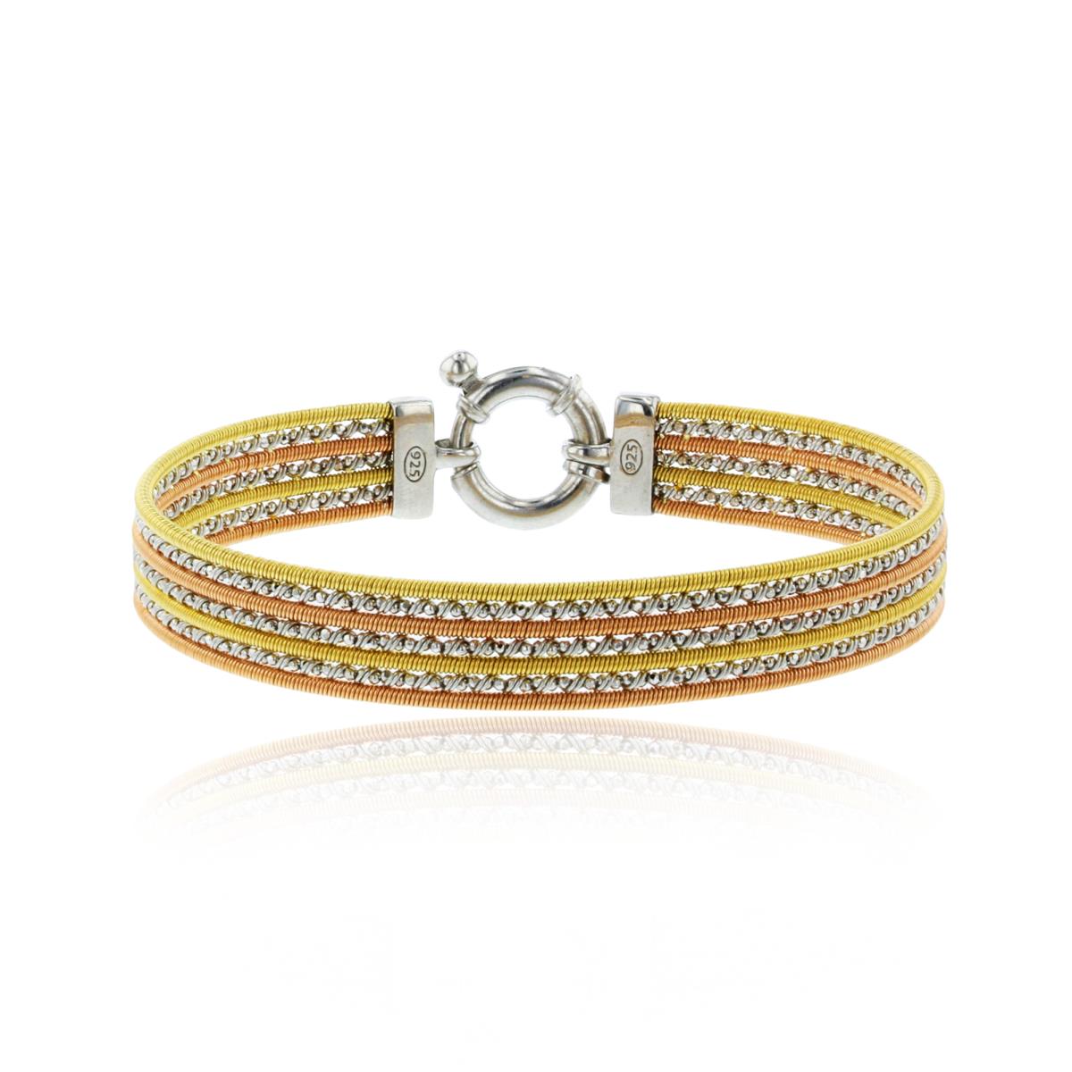 Sterling Silver Tri-Color Multi Row DC Beads Spiral 7.5" Bracelet