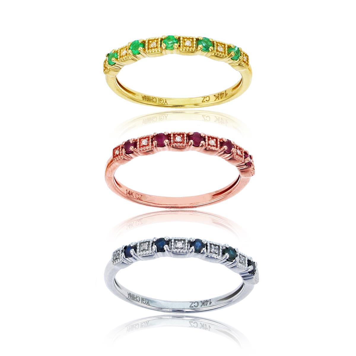 10K Tricolor Gold 0.05 CTTW Rnd Diam & 2mm Rnd Emerald/Ruby/Sapphire 3-Stackable Milgrain Rings