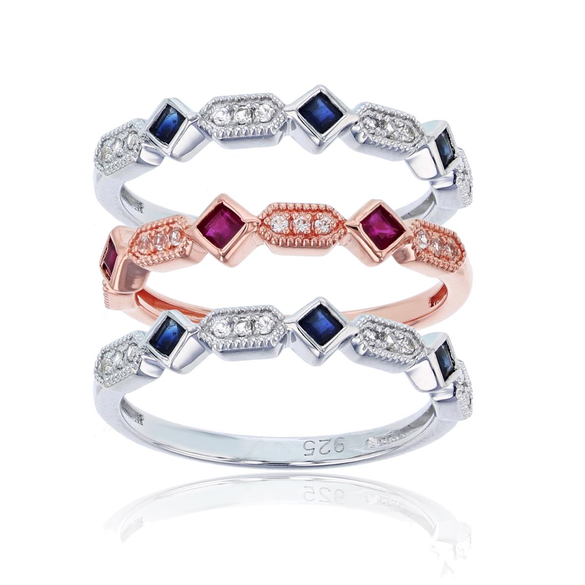Sterling Silver Two-Tone  SQ/Rnd Created Ruby/Cr Blue & Cr White Sapphire 3-Stackable Ring