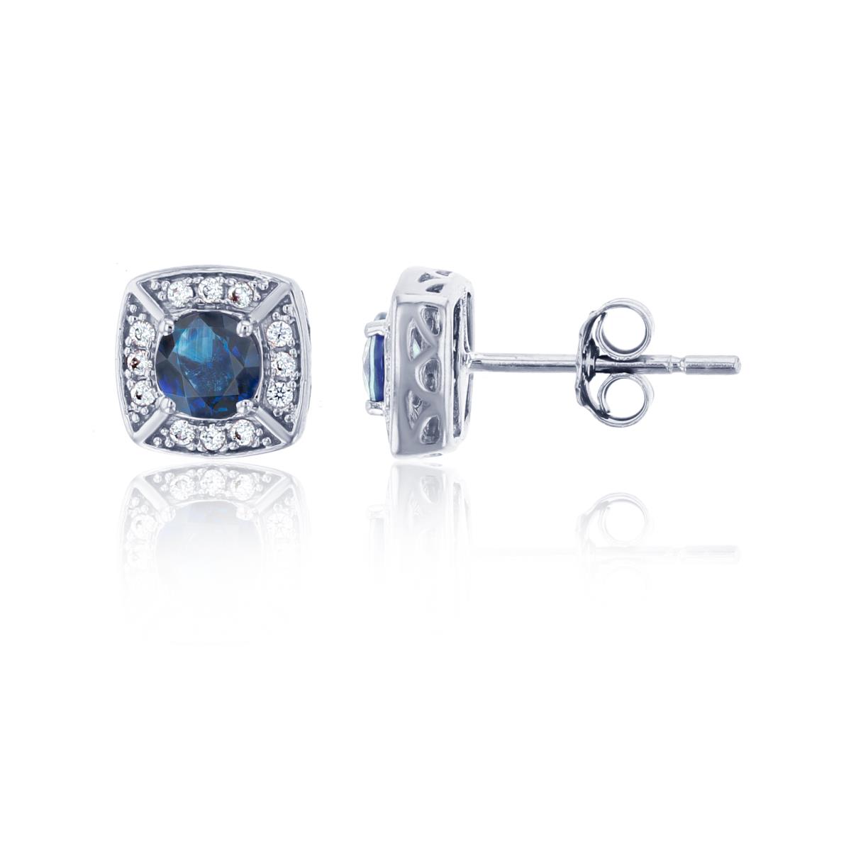 10K White Gold 0.12 CTTW Rnd Diamond & 4mm Rd Blue Sapphire Cushion Stud Earring