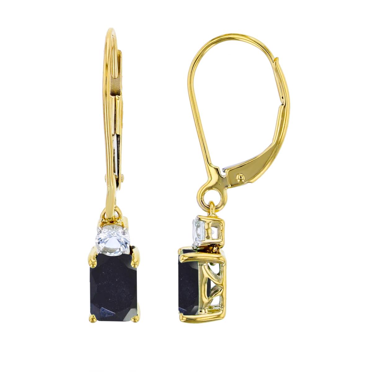 10K Yellow Gold & 6x4mm Oct Ct. Cr Blue Sapphire & 3mm Rd Ct. Cr. White Sapphire Lever Back Earrings