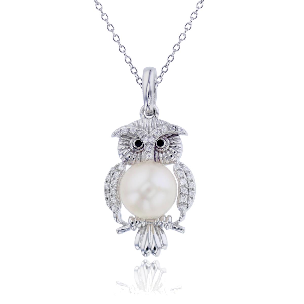 Sterling Silver Rhodium 0.07 CTTW Rnd Diam & 7mm Button White Pearl /Onyx Textured Owl Pendant