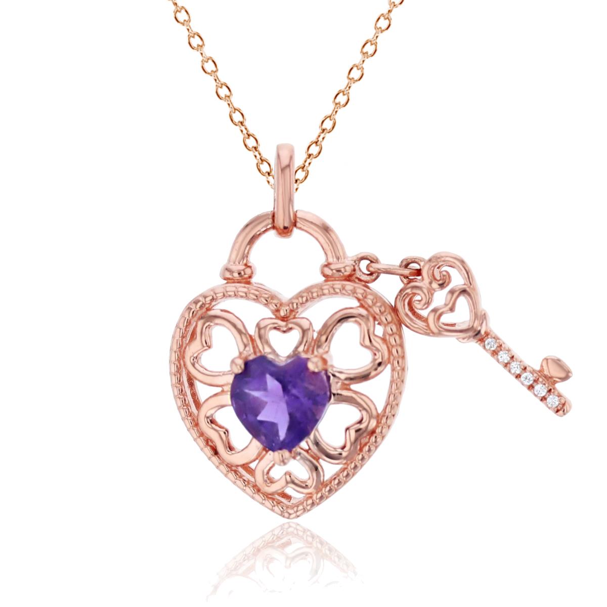 Sterling Silver Rose 0.02 CTTW Diamond & 6mm Heart Amethyst Heart/Key 18" Necklace