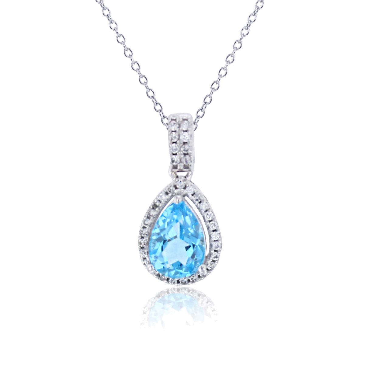 Sterling Silver Rhodium 8x5mm PS Swiss Blue Topaz & Cr White Sapphire Halo 18"Necklace