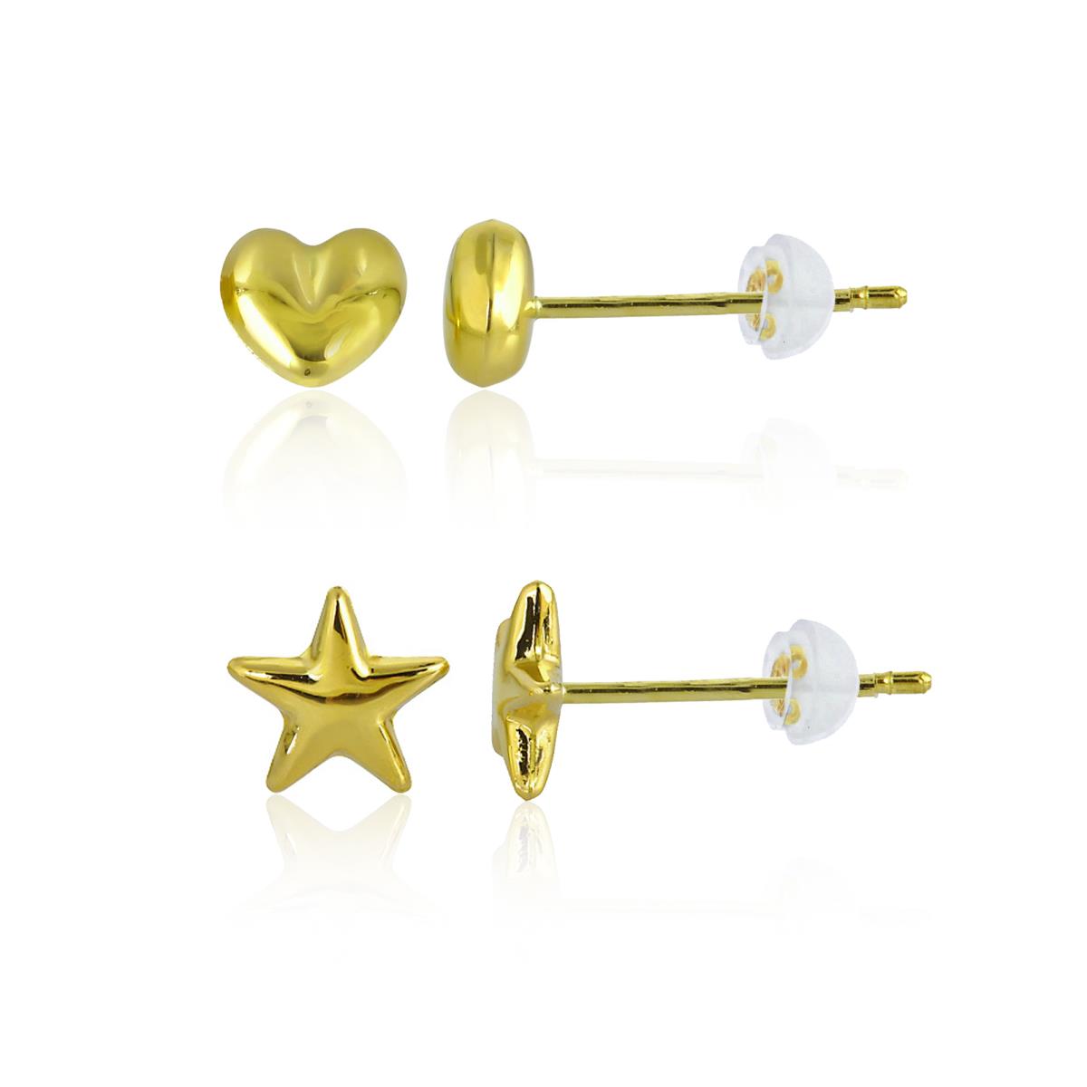 14K Yellow Gold Polished Heart & Star Stud Earring Set with Silicone Backs