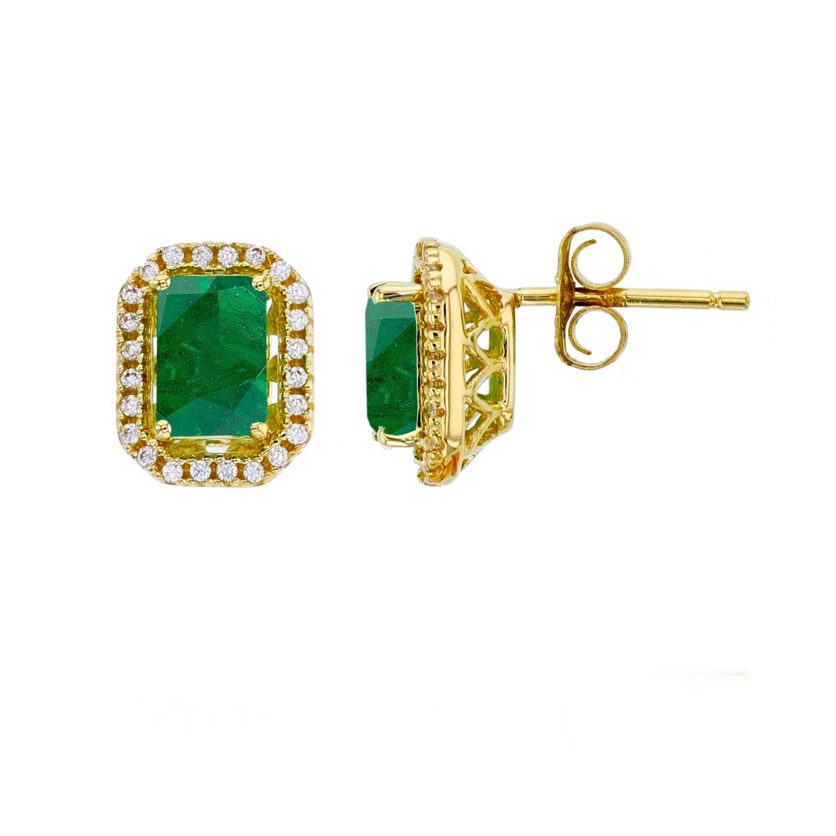 10K Yellow Gold 0.15 CTTW Rnd Diamonds & 6x4mm EC Emerald Cush Halo Stud Earring