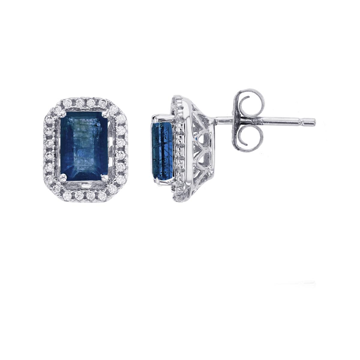 Sterling Silver Rhodium 0.15 CTTW Rnd Diamonds & 6x4mm EC Cr Blue Sapphire Cush Halo Stud Earring