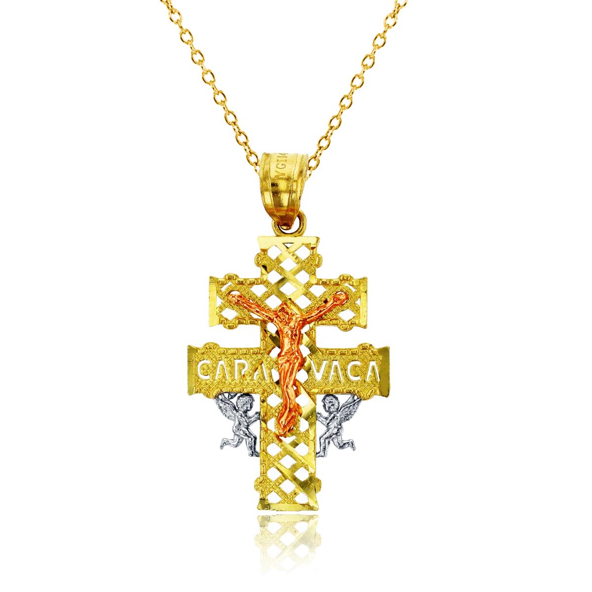 14K Gold Tri-Color Caravaca Cross 18" 030 DC Rolo Cable Necklace