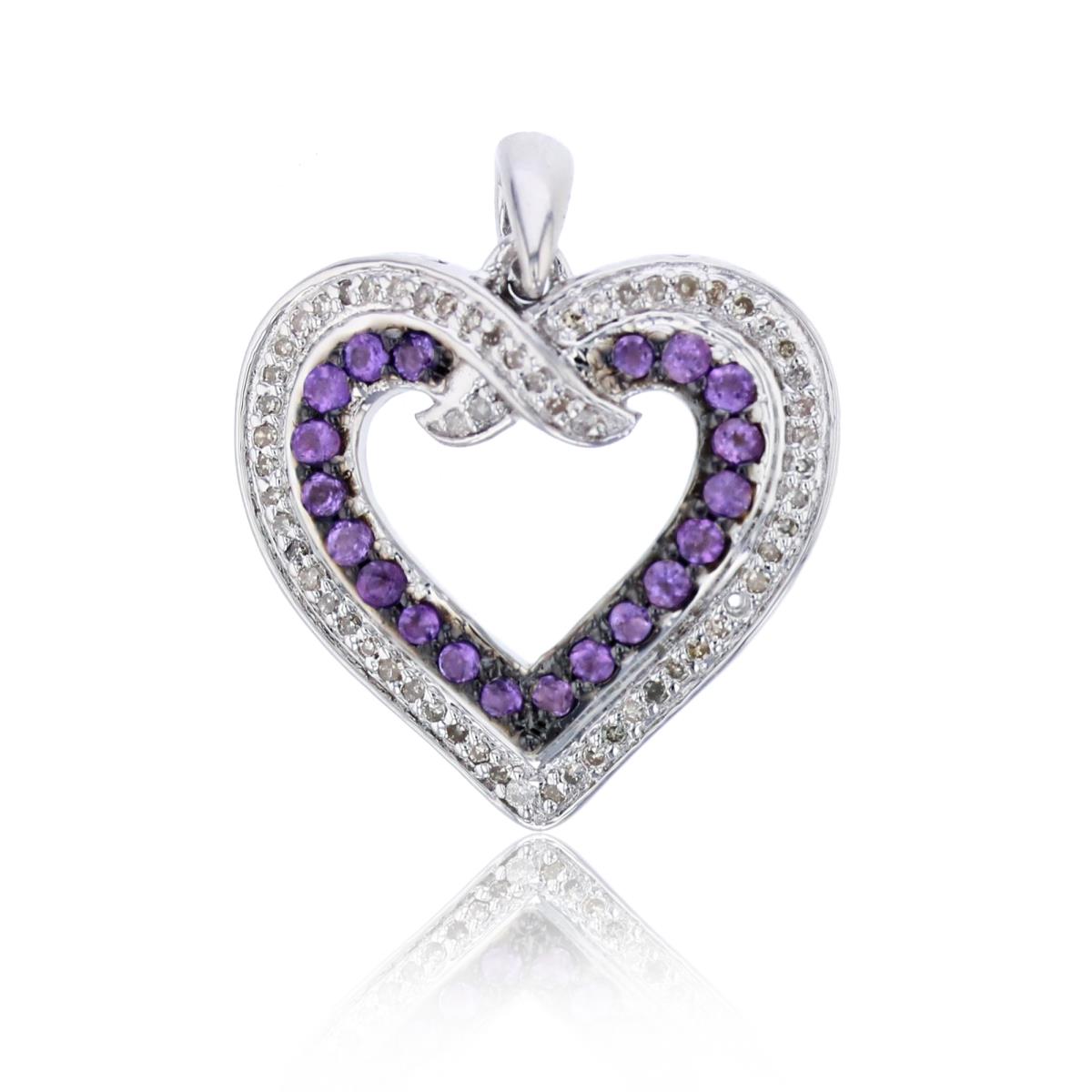 Sterling Silver Rhodium Rnd Amethyst & Cr White Sapphire Heart 18"Necklace