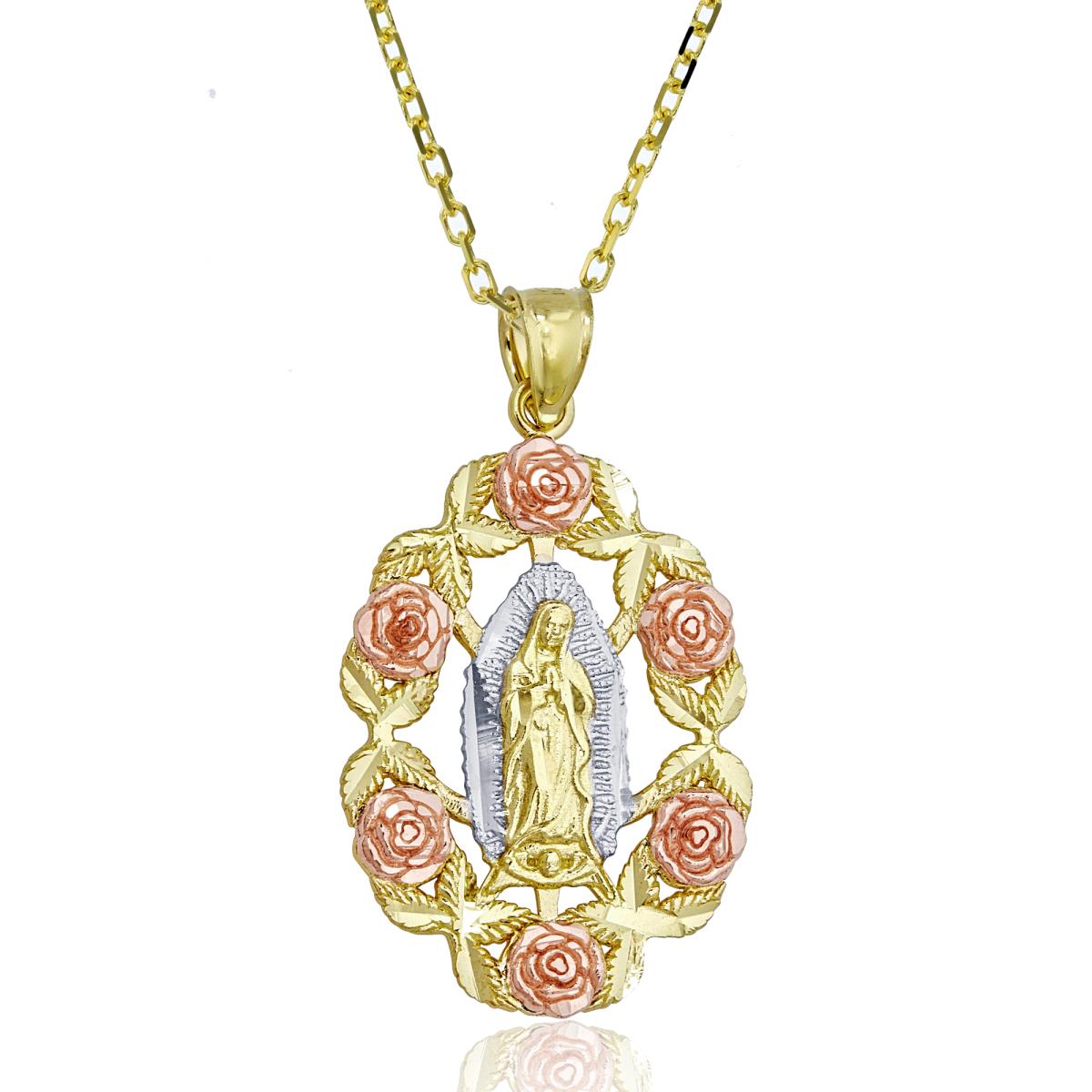 14K Gold Tri-Color Rose Frame 19x35mm Virgin Mary 18" 030 DC Rolo Cable Necklace