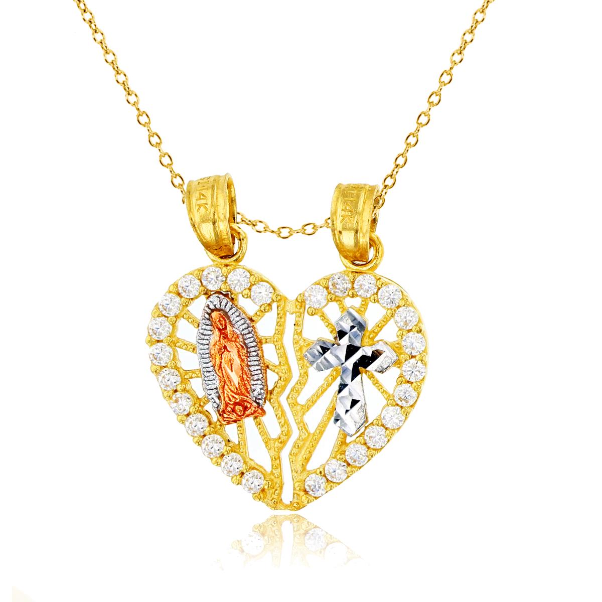14K Tri-color Gold Religious Figure & Cross Broken Heart 18" 030 DC Rolo Cable Necklace