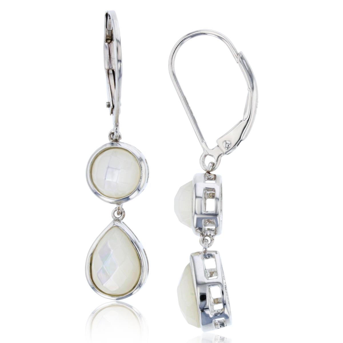Sterling Silver Rhodium Rnd & PS White Inlay MOP Bezel Dangling Earring
