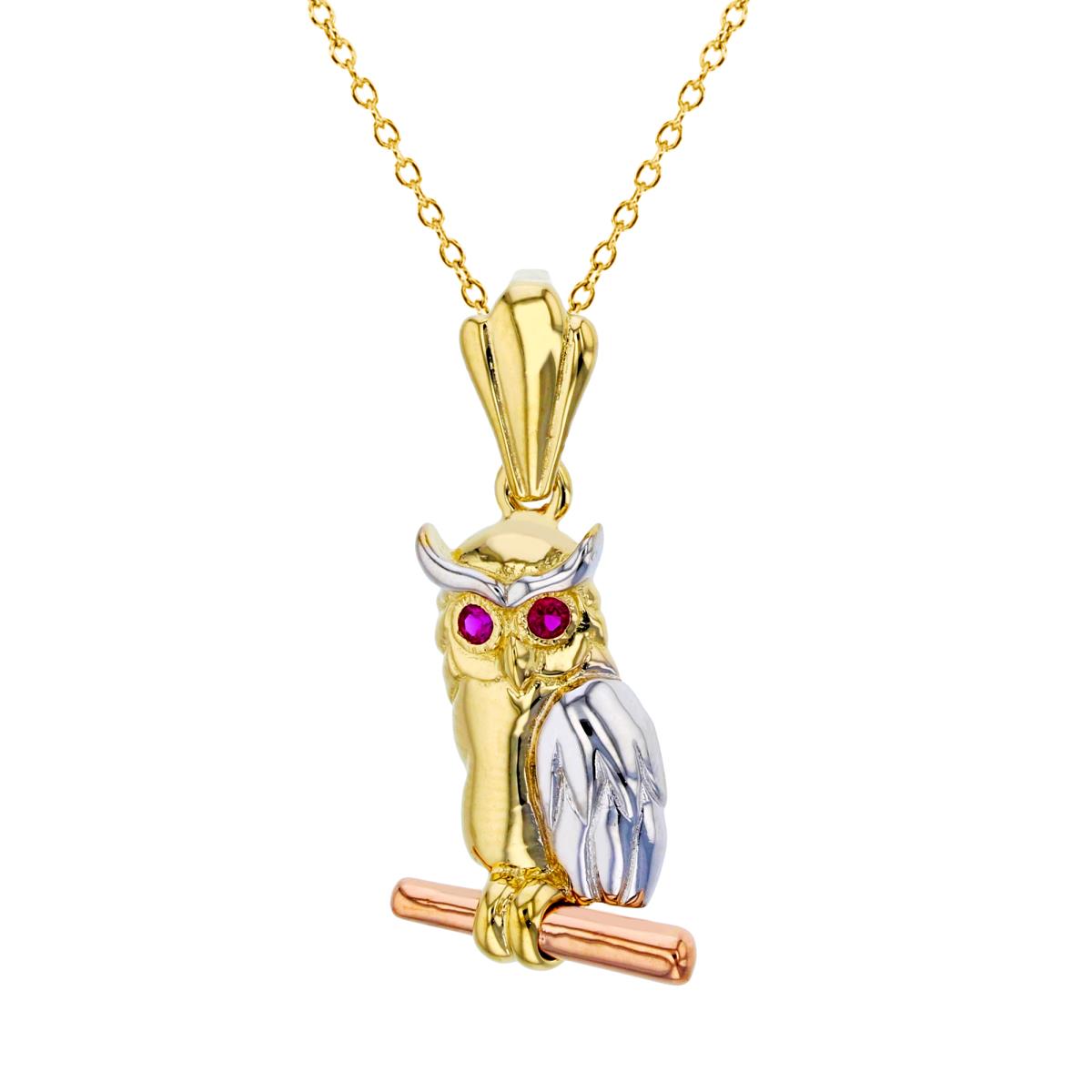 14K Tricolor Gold 30x14mm Ruby Owl 18" 030 DC Rolo Cable Necklace