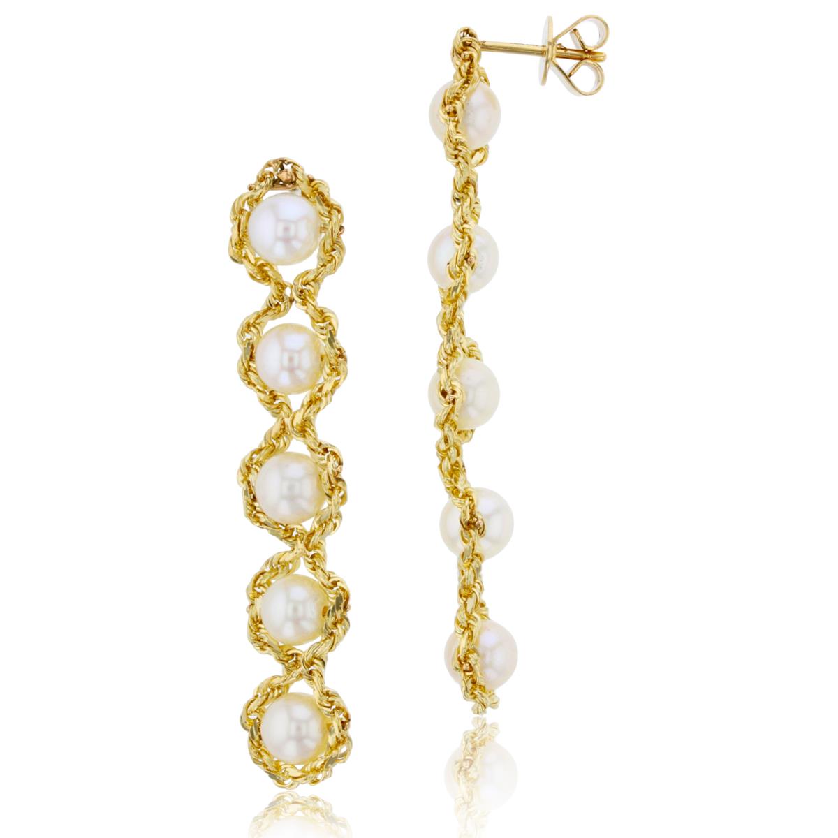 10K Yellow Gold 5mm Rnd White Pearl Wrapped with Chain Vertical Flexi Earring