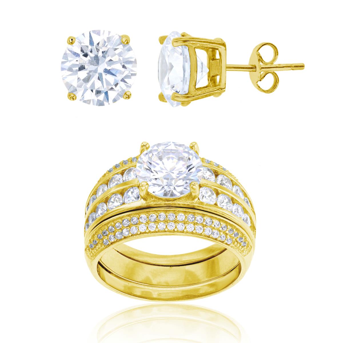 Sterling Silver Yellow 1-Micron 8mm Rd Cut Channel Set CZ Insert Ring & 8mm Rd Solitaire Stud Earring Set