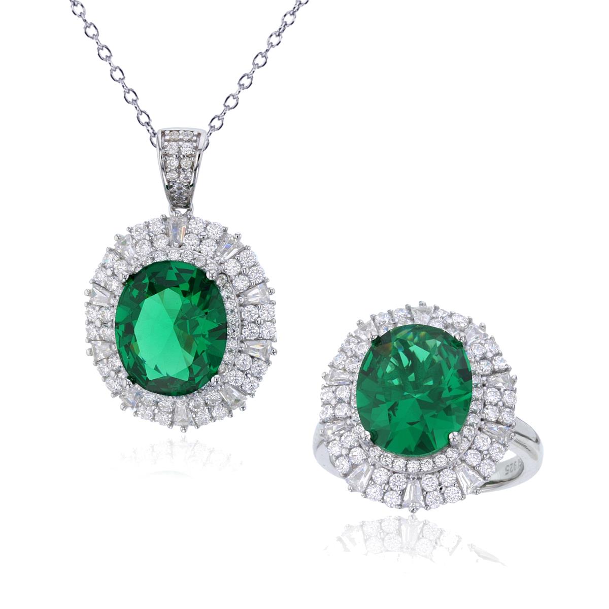 Sterling Silver Rhodium 12x10mm Ov Emerald & White CZ Puffy 18" Necklace & Ring Set