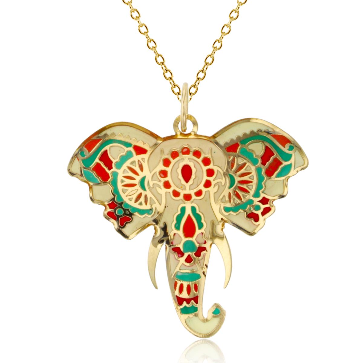 10K Yellow Gold Multi-Color 31x29mm Enamel Elephant Head 18" 020 Rolo Chain Necklace