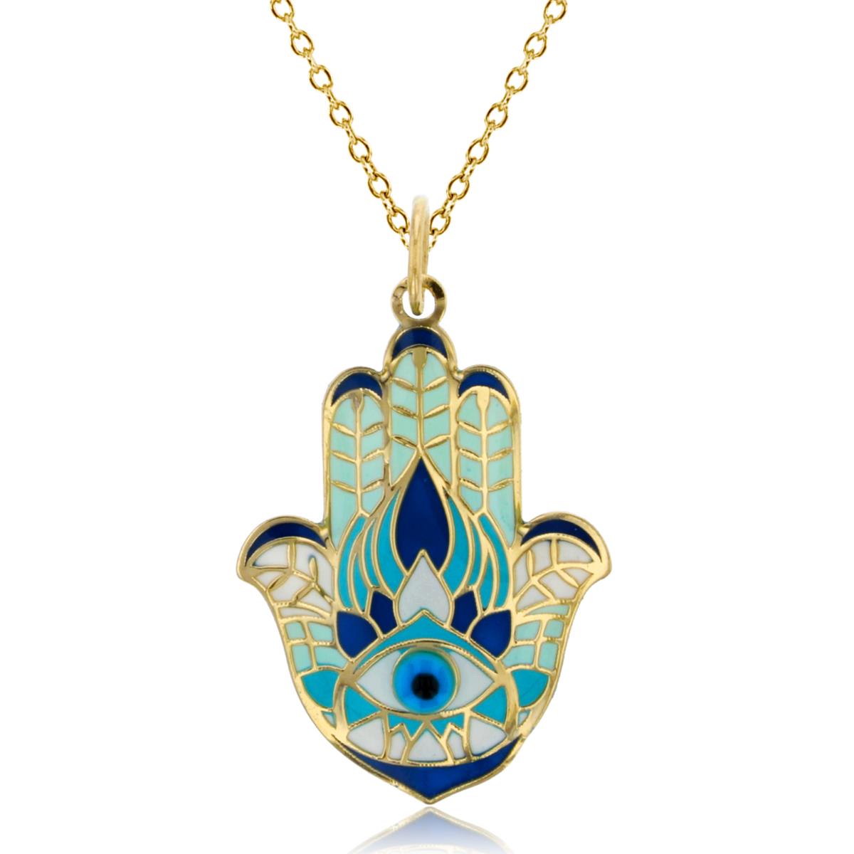 10K Yellow Gold Shades Of Blue 30x18mm Enamel Evil Eye Hamsa 18" 020 Rolo Chain Necklace