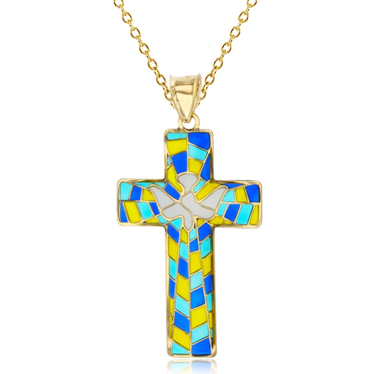 10K Yellow Gold Enamel 35x18mm  Dove Cross 18" 020 Rolo Chain Necklace