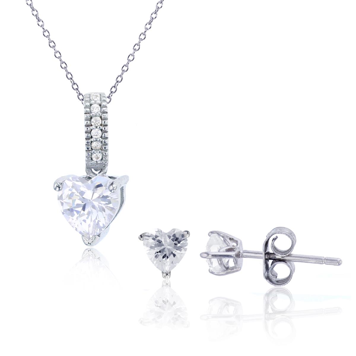 Sterling Silver Rhodium 6mm Heart Shape Paved Bail 18" Necklace & 4mm Heart Solitaire Stud Earring Set