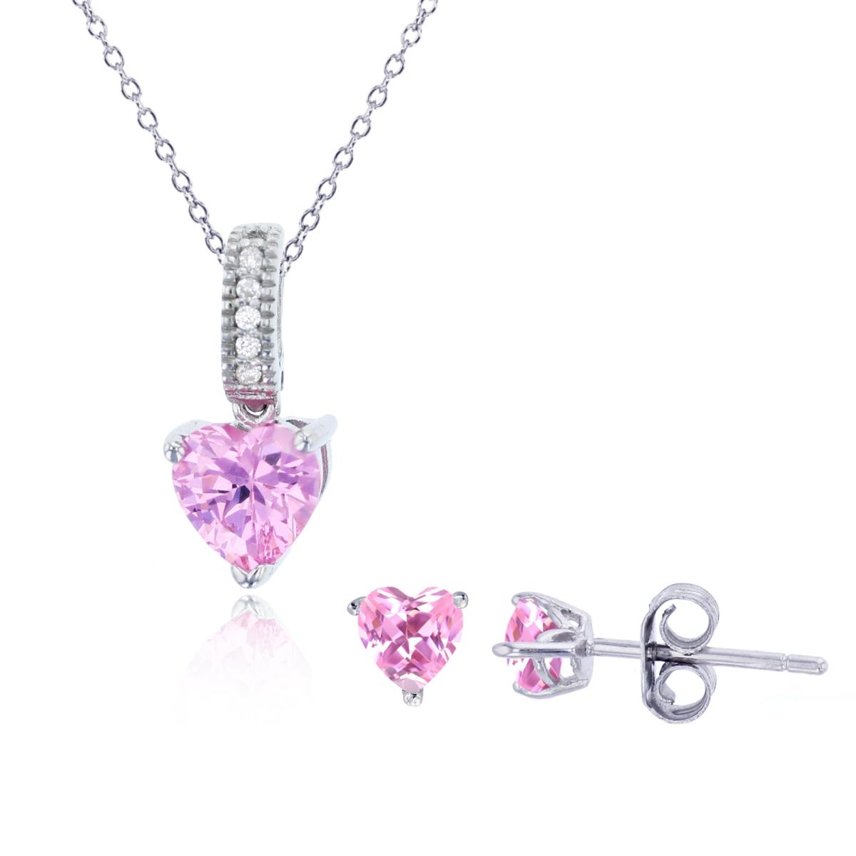 Sterling Silver Rhodium 6mm Pink Heart Shape Paved Bail 18" Necklace & 4mm Heart Solitaire Stud Earring Set