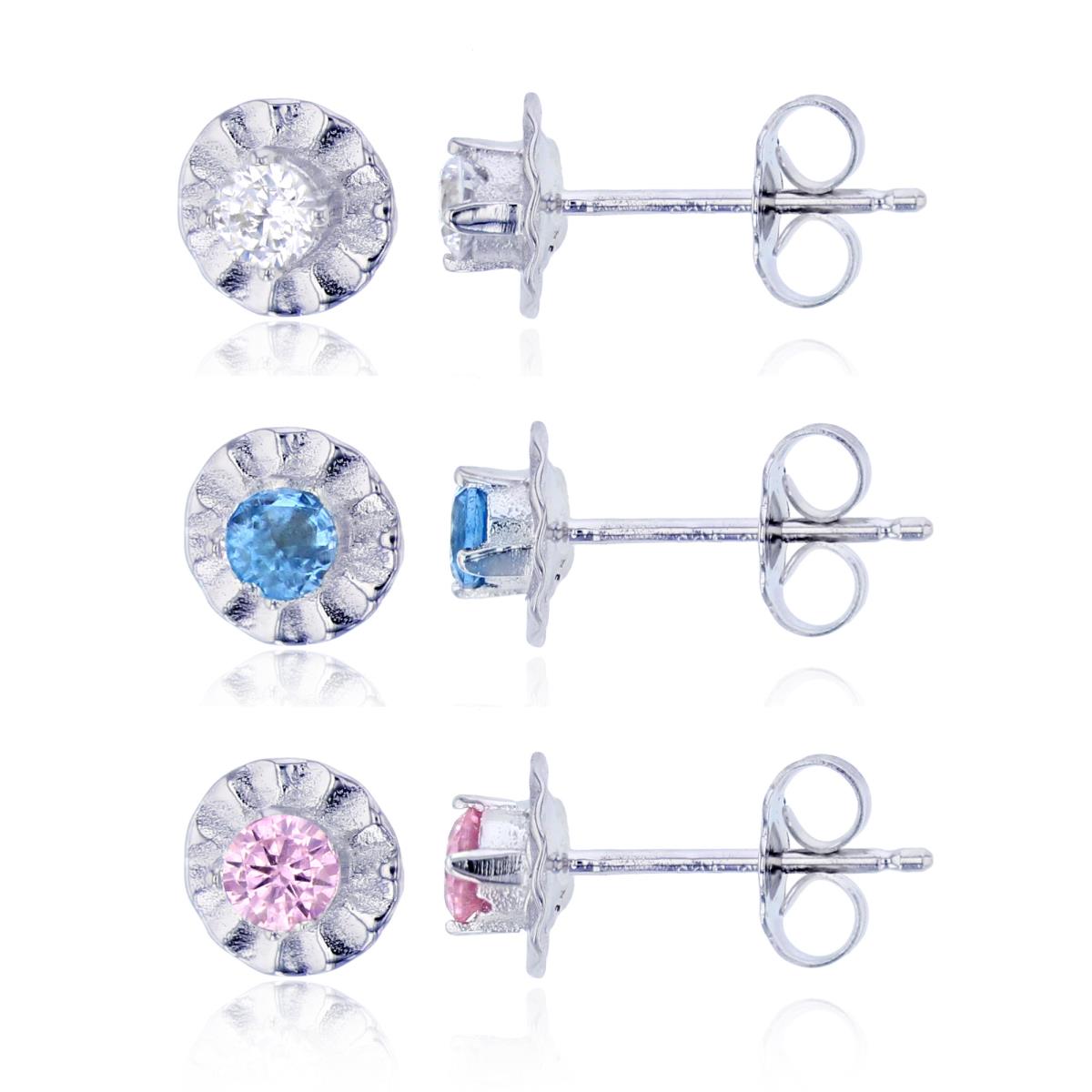 Sterling Silver Rhodium 3.50mm White, Blue & Pink Rd CZ Fan Stud Earring Set