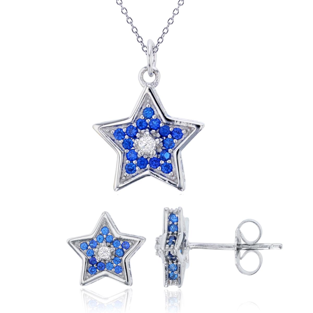 Sterling Silver Rhodium Rd #113 Blue Spinel/White CZ Micropave Star 18" Necklace & Star Stud Earring Set