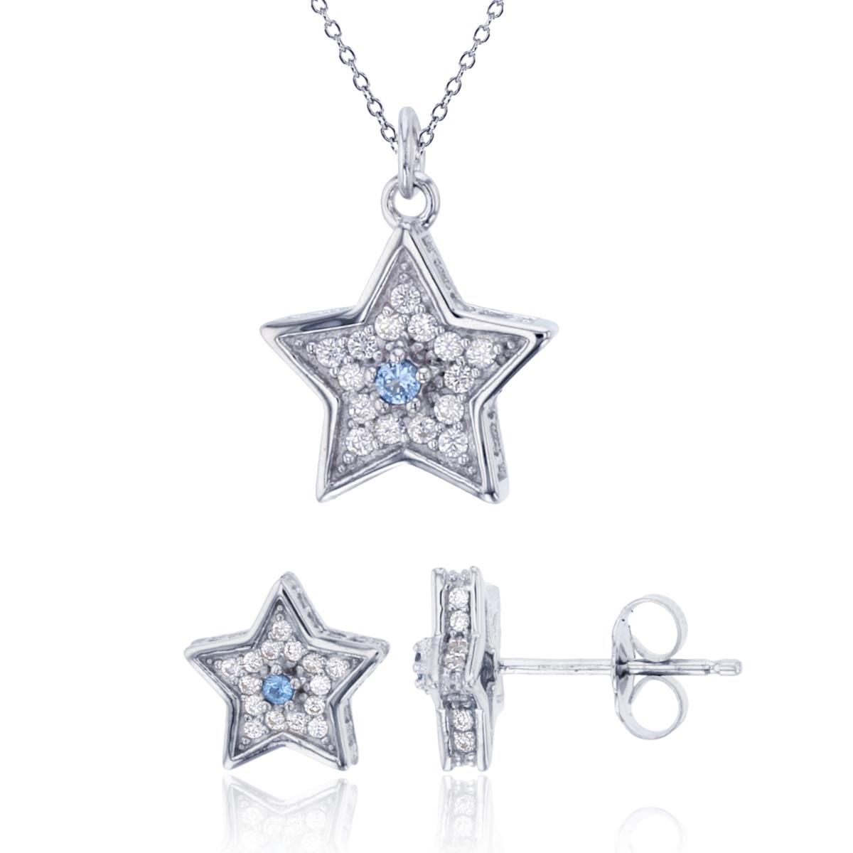 Sterling Silver Rhodium Rd #119 Blue Spinel/White CZ Micropave Star 18" Necklace & Star Stud Earring Set