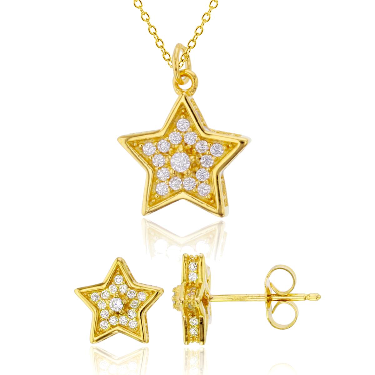 Sterling Silver Yellow Rd White CZ Micropave Star 18" Necklace & Star Stud Earring Set