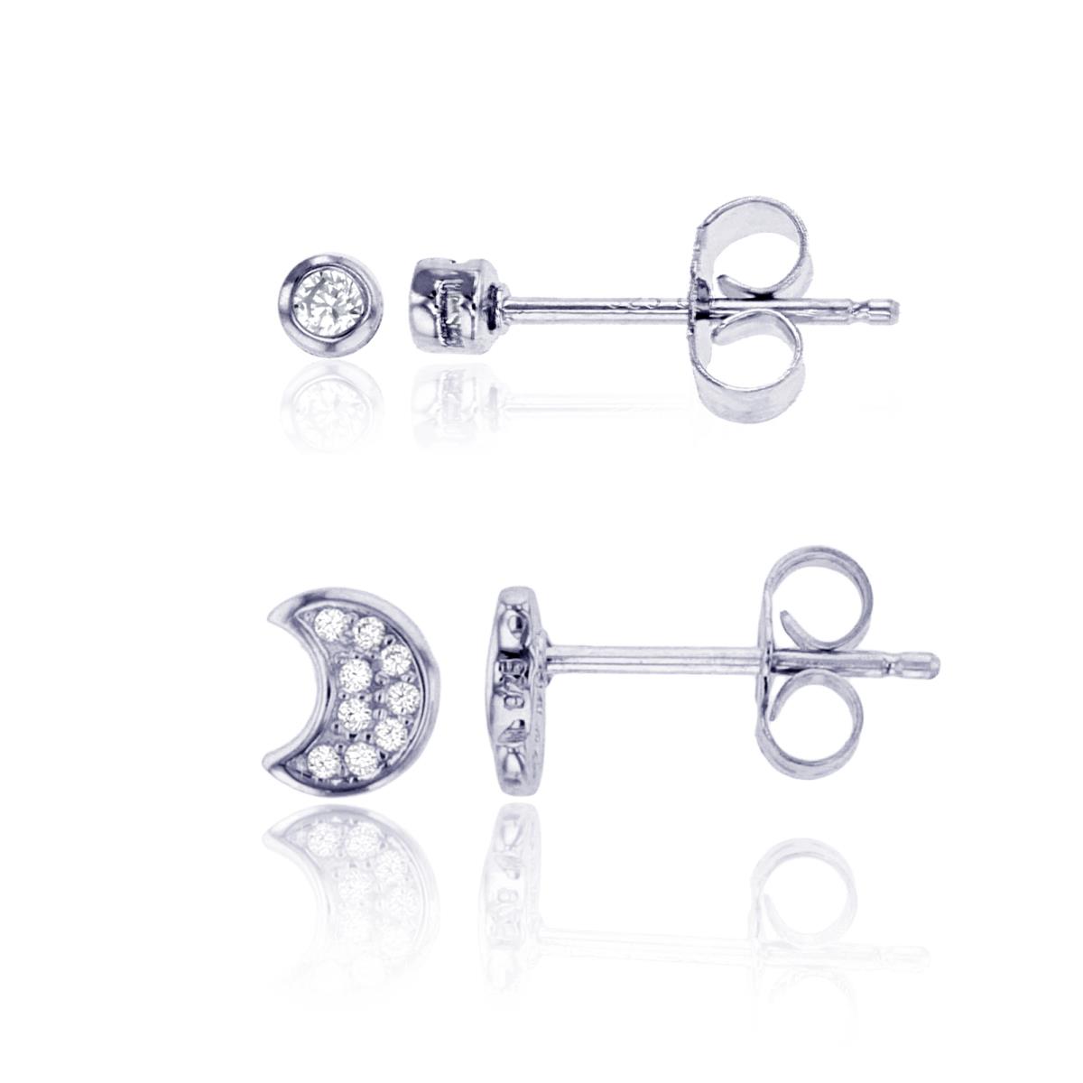 Sterling Silver Rhodium Rnd White CZ Micropave Moon & 3mm Round CZ Bezel Stud Earring Set