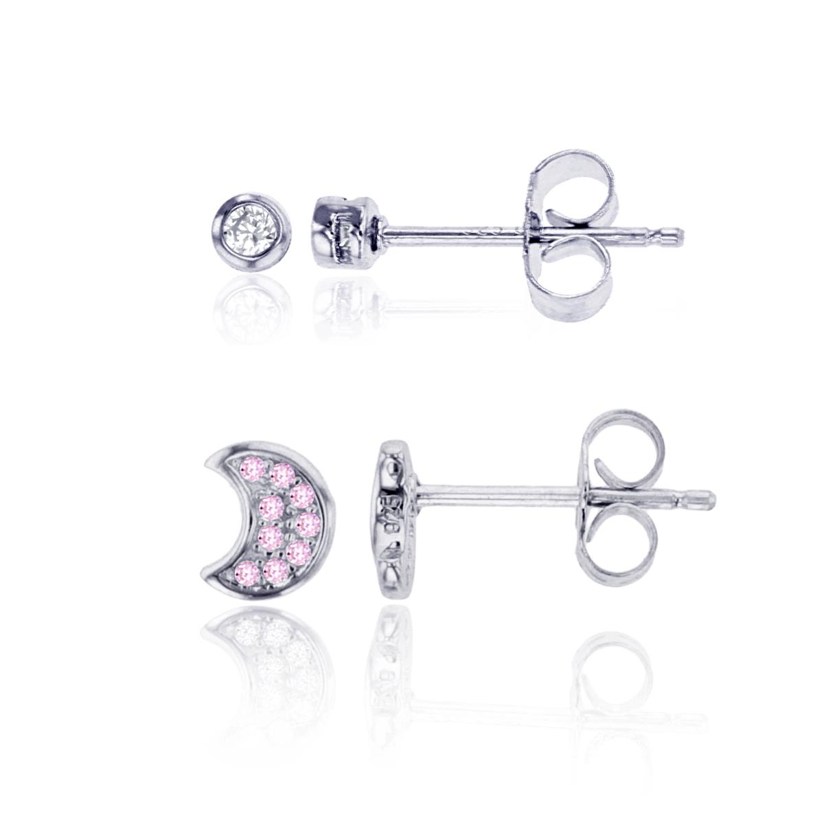 Sterling Silver Rhodium Rnd Pink CZ Micropave Moon & 3mm Round CZ Bezel Stud Earring Set