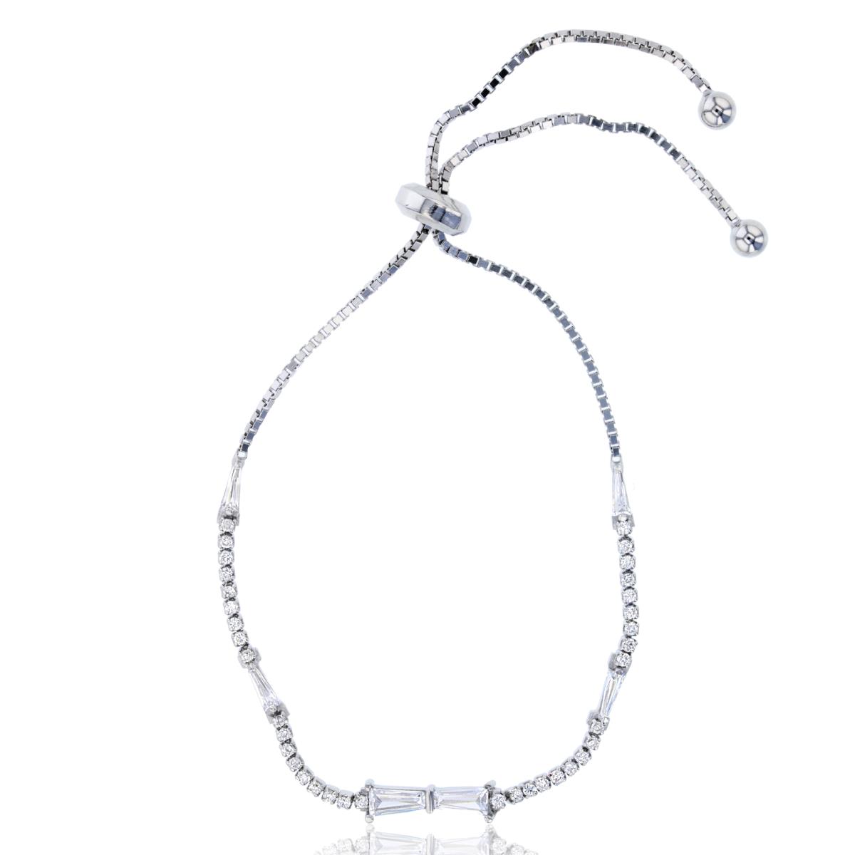 Sterling Silver Rhodium Baguette & Rd CZ Adjustable Bracelet
