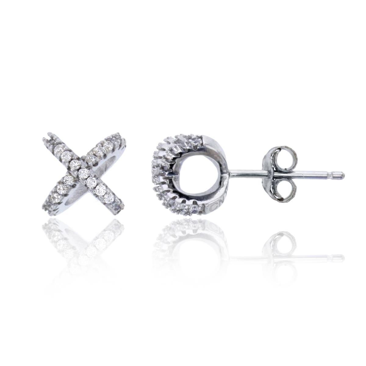 Sterling Silver Rhodium Paved Criss Cross Stud Earring