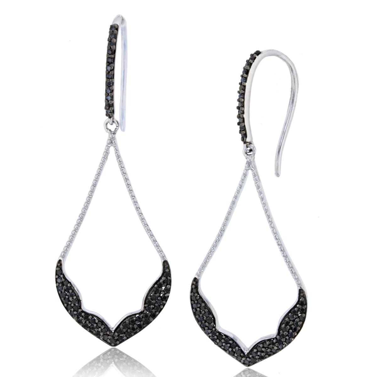 14K White Gold Rnd Black CZ Textured PS Open Dangling Earring (Fish hook)