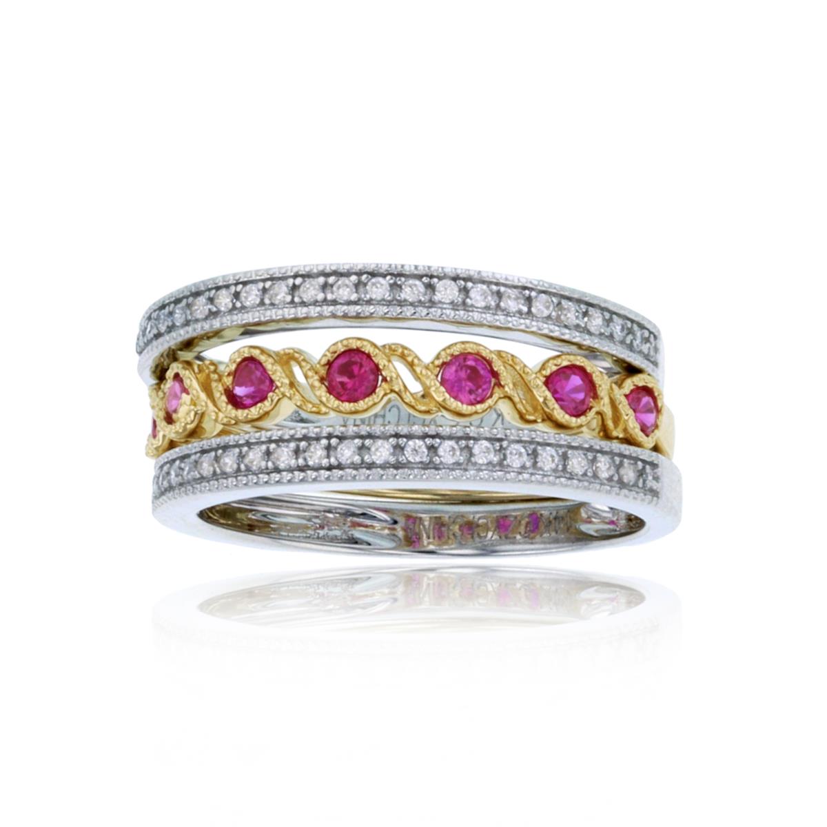 14K Two-Tone Gold Rnd CZ & Rnd Ruby 3-Stackable Millgrain Bands