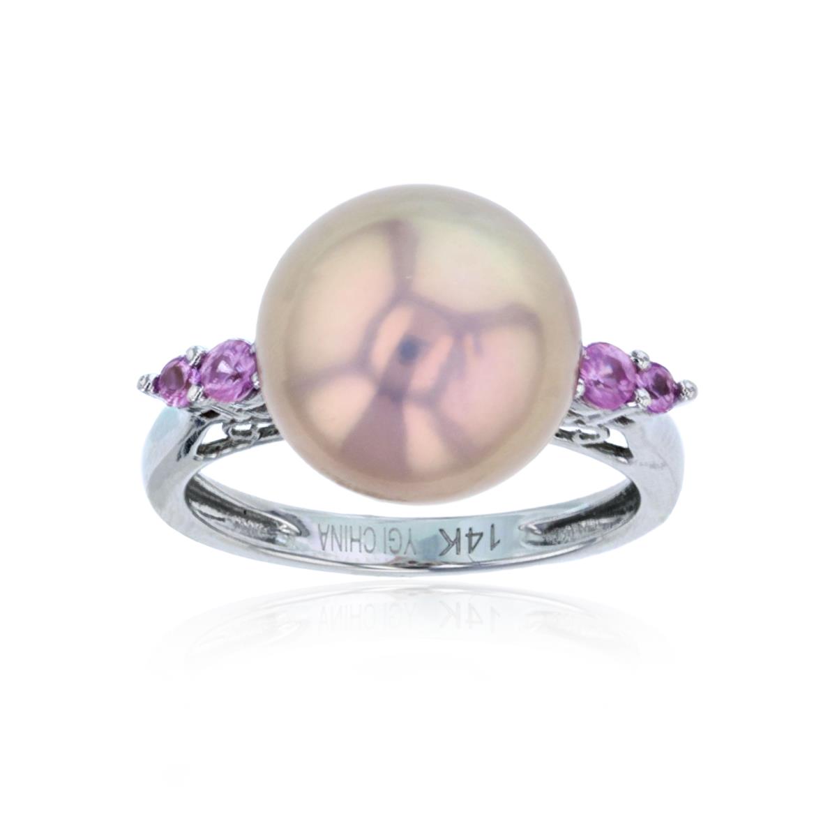 14K White Gold 12mm Pink Edison Pearl & Rnd Pink Sapphire Ring